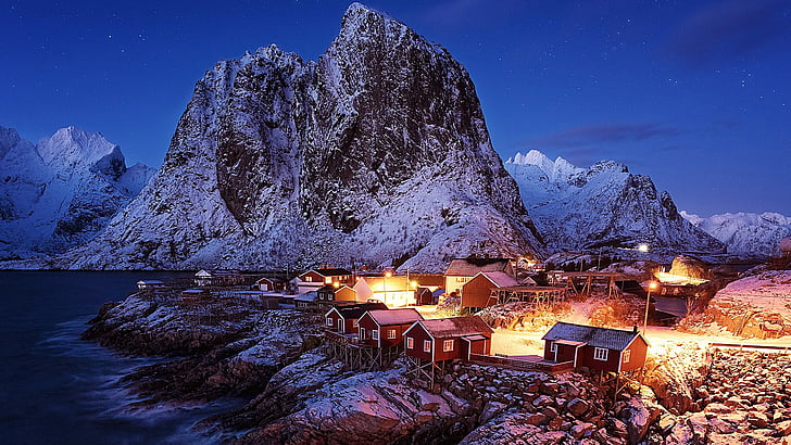 norway, night, night sky, europe, dusk, landscape, cabins, red houses, HD wallpaper