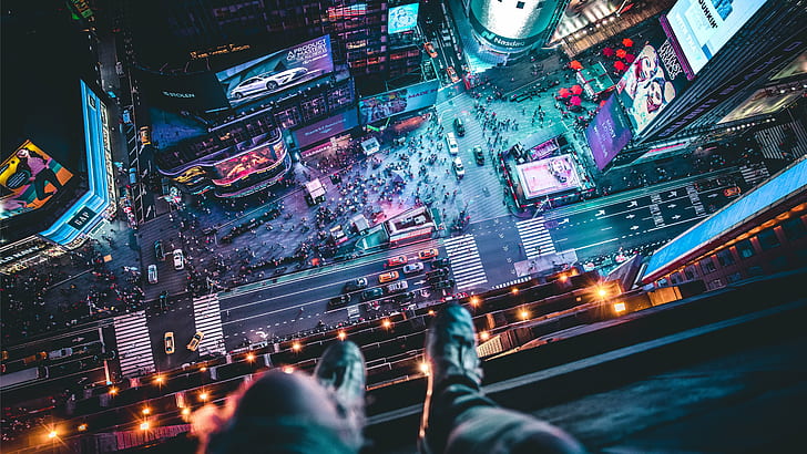New York City, Times Square, legs hanging, lights, urban, building, HD wallpaper