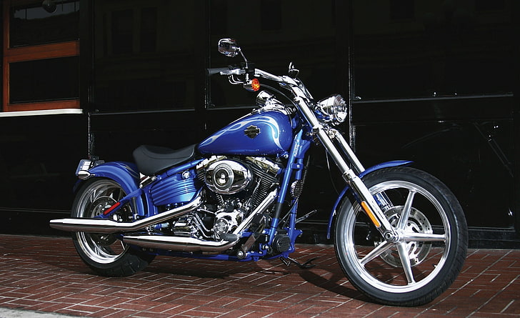 Harley Davidson FXCWC Rocker C, blue and black Harley-Davidson cruiser motorcycle
