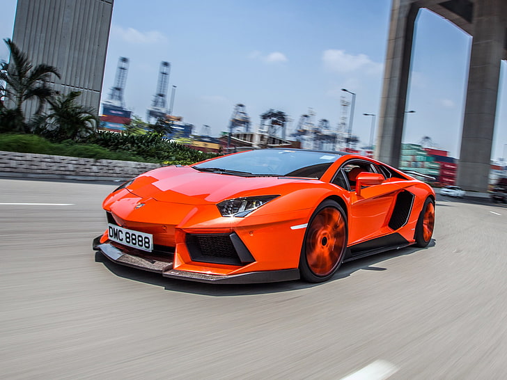 orange Lamborghini Aventador coupe, car, red cars, vehicle, mode of transportation, HD wallpaper