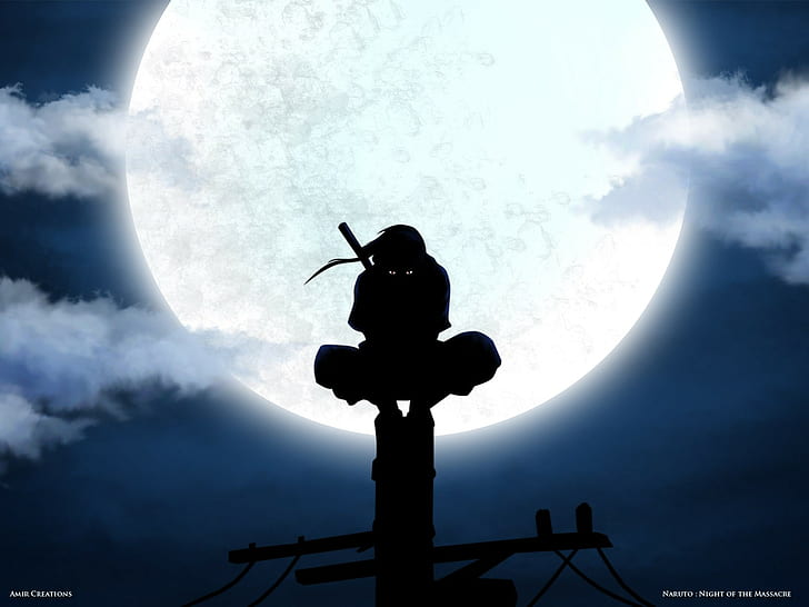 Uchiha Itachi, Moon, silhouette, ANBU, power lines, anime, Naruto Shippuuden, HD wallpaper