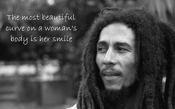 Bob Marley with text overlay, quote, monochrome, dreadlocks, musician