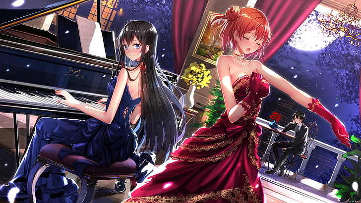 two female anime character wallpaper, illustration of two female wearing blue and red dresses