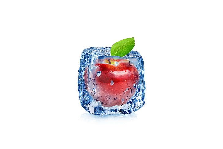apple and ice artwork, drops, abstraction, water, cube, fruit, HD wallpaper
