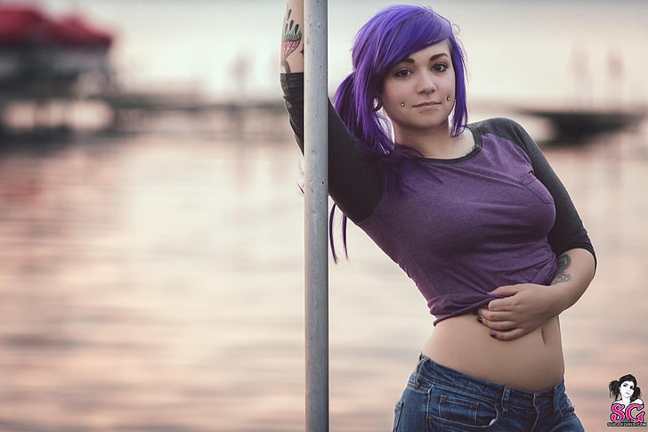 women's purple and black raglan crop top, Suicide Girls, purple hair