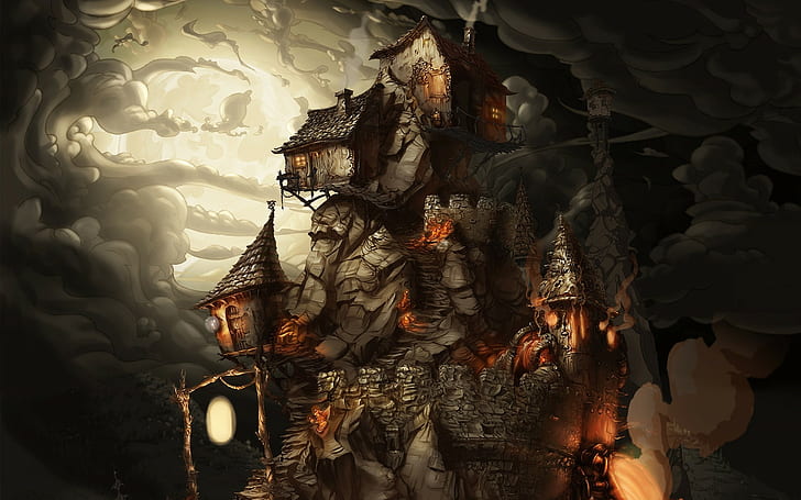 houses on cliff surrounded with dark clouds digital wallpaper