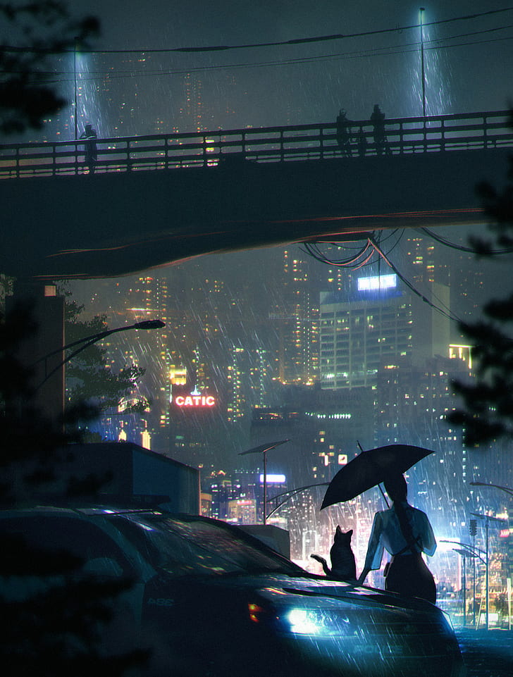 futuristic, futuristic city, neon lights, bridge, umbrella