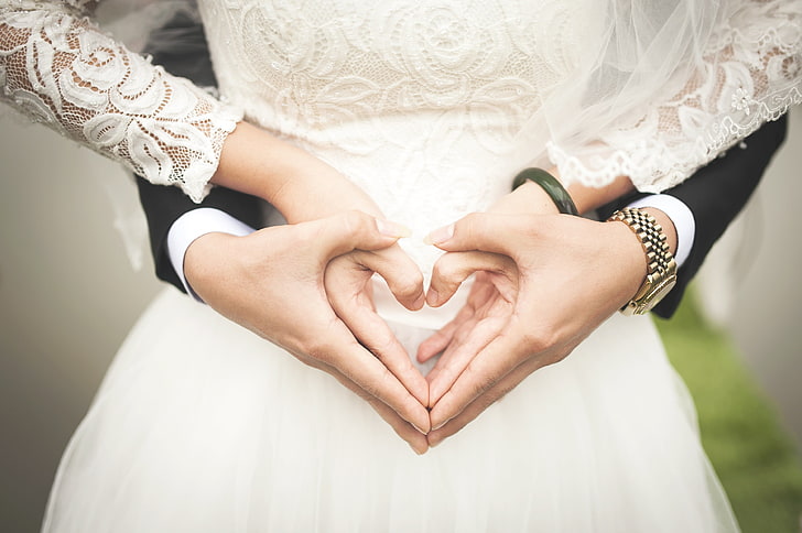women's white lace wedding gown, hands, heart, love, romance
