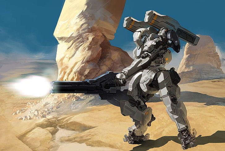 white robot with rifle digital wallpaper, artwork, fantasy art, HD wallpaper