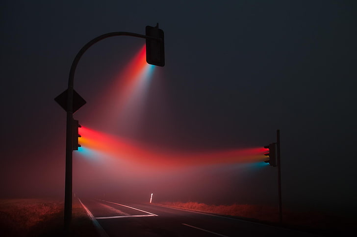 black traffic lights, stoplight, mist, red, blue, road, street light