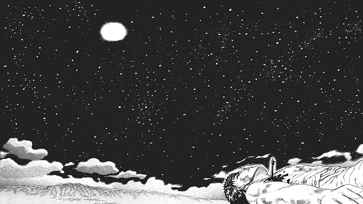 moonlight, Guts, anime, Berserk, Kentaro Miura, night sky