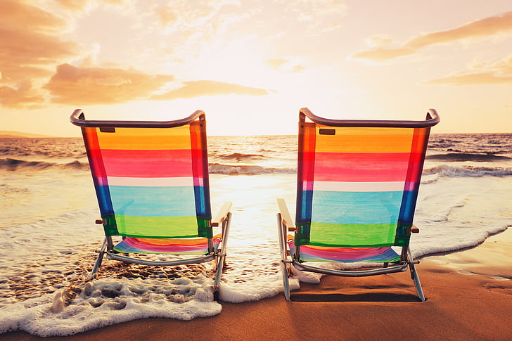 two rainbow adirondack chairs, sea, beach, summer, the sky, clouds, HD wallpaper