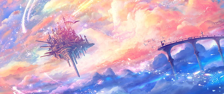 anime, anime girls, castle, Floating Castle, sky, clouds, birds, HD wallpaper