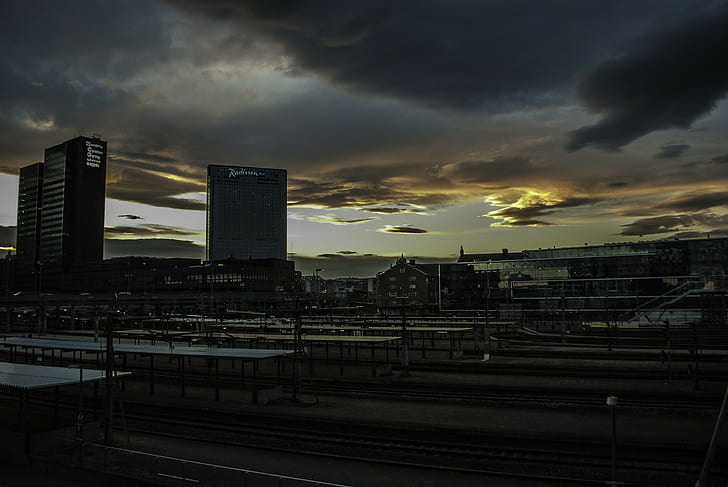 cityscape, evening, railroad track, Oslo, train station, HD wallpaper