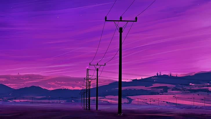 artwork, neon, power lines, landscape, HD wallpaper