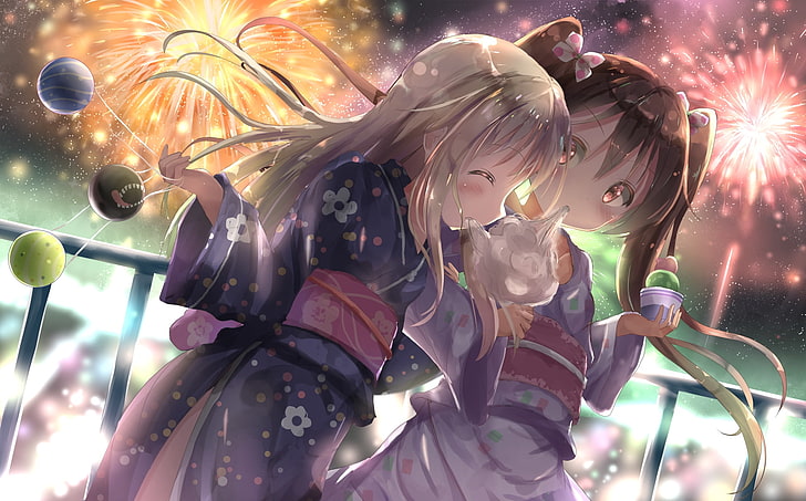 kantai collection, ro-500, festival, fireworks, cotton candy, HD wallpaper