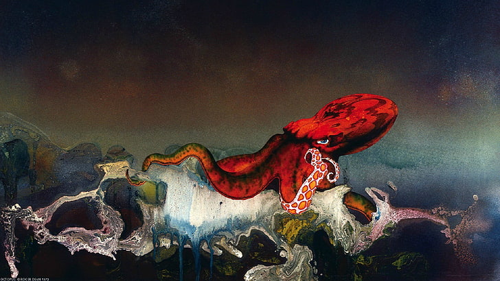 red octopus in ocean painting, digital art, ship, Roger Dean