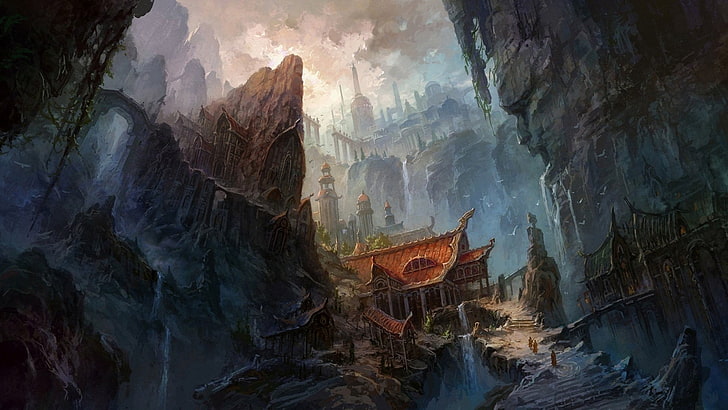 castle digital wallpaper, fantasy art, artwork, Fan Ming, mountain