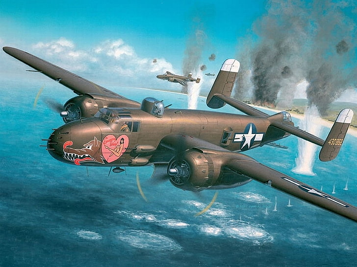 World War II, military aircraft, Mitchell, B-25, Bomber, artwork, HD wallpaper