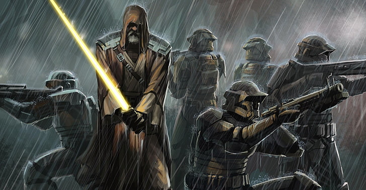 six men with armors wallpaper, Star Wars, lightsaber, Jedi, artwork