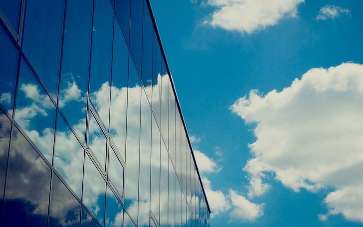 clear blue sky, clouds, window, modern, cloud - sky, low angle view, HD wallpaper