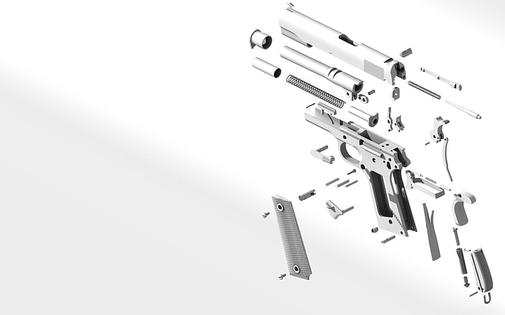 white and black metal tool, M1911, gun, Handgun, pistol, Exploded-view diagram, HD wallpaper