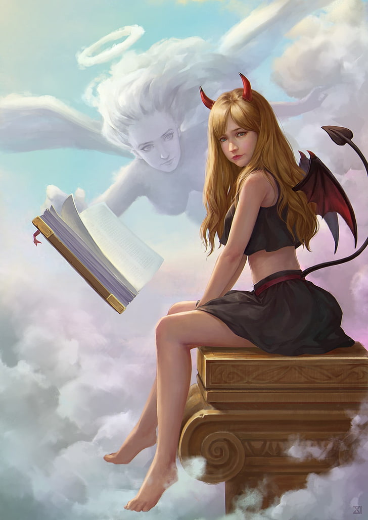 fantasy art, demon, one person, sky, young adult, fashion, young women, HD wallpaper