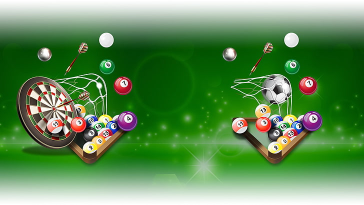 Pool balls, billiard balls, darts, soccer, soccer ball, green color