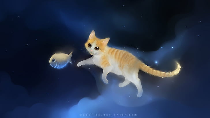 Cat chasing fish in the sky of painting