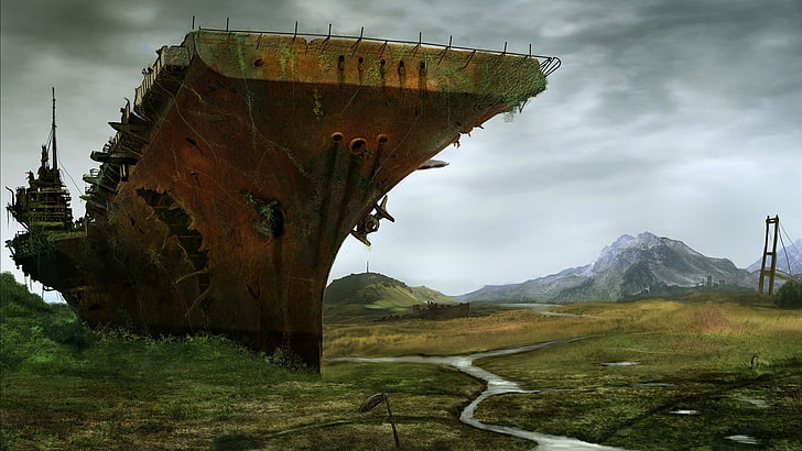 brown ship on land within mountain range during daytime, artwork