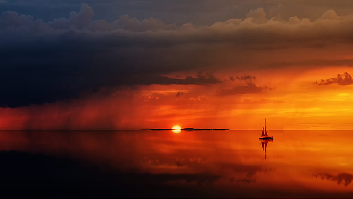 landscape, sunset, water, sea, sailing ship