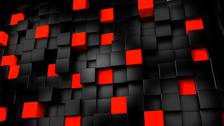 render, black, red, digital art, cube, CGI