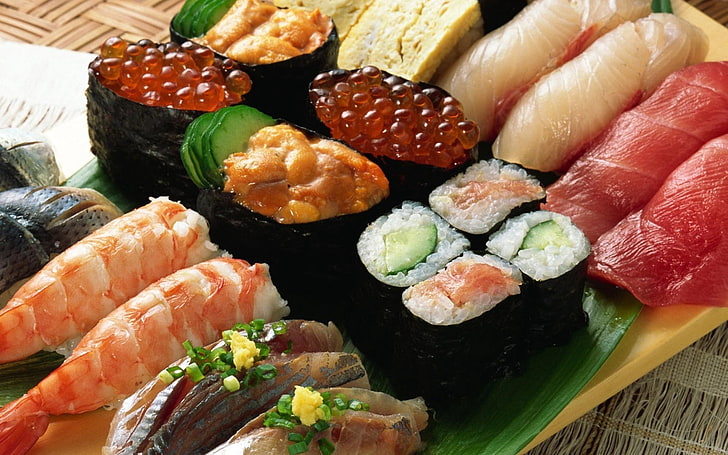 assorted sushi dish lot, rolls, meat, fish, seafood, japan, meal, HD wallpaper