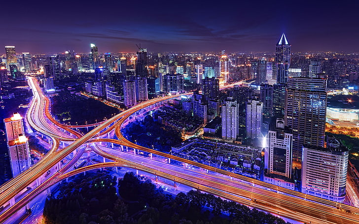 Shanghai China World Metropolis At Night Yan’an East Road Overpass Nice Bright Modern Desktop Hd Wallpaper 2880×1800