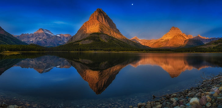 lake, mountains, reflection, Moon, forest, summer, blue, water