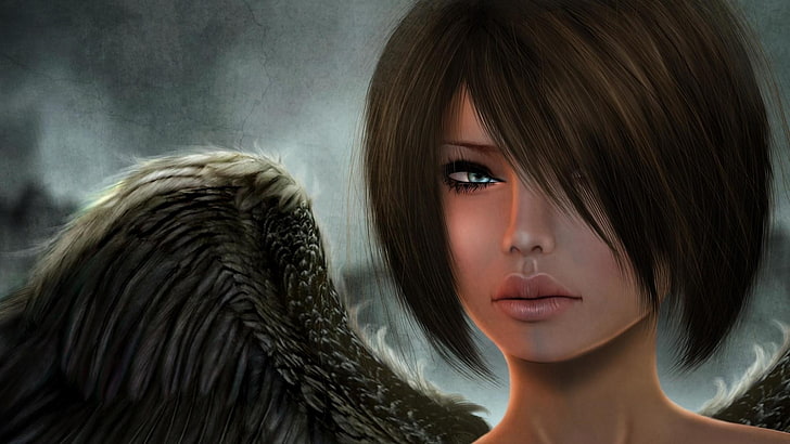 digital art, fantasy art, women, wings, angel, render, short hair, HD wallpaper