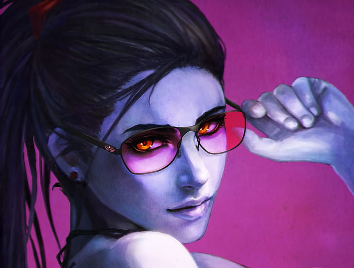 Video Game, Overwatch, Face, Girl, Orange Eyes, Purple, Sunglasses