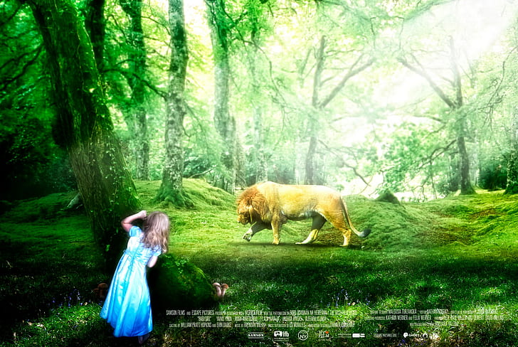 lion, children, forest clearing, HD wallpaper