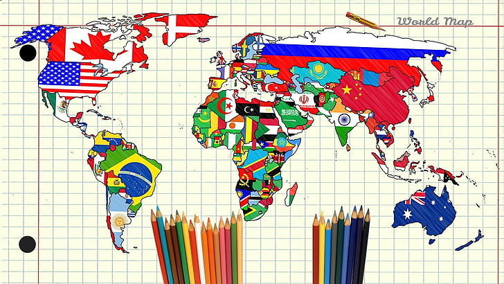world map illustration, pencils, paper, continents, flag, multi colored