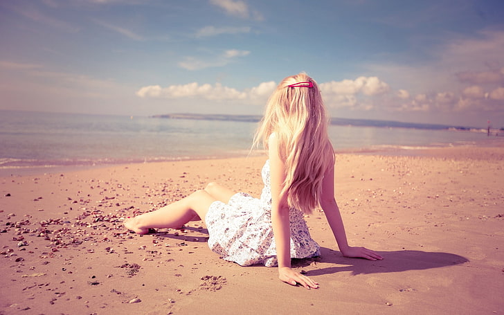 women's white sleeveless dress, blonde, beach, sand, long hair