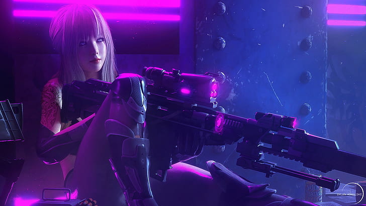 Girl, fantasy, soldier, long hair, weapon, neon, tattoo, sniper