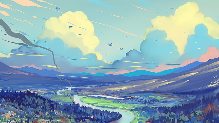 mountains and trees illustration, painting, clouds, sky, landscape, HD wallpaper