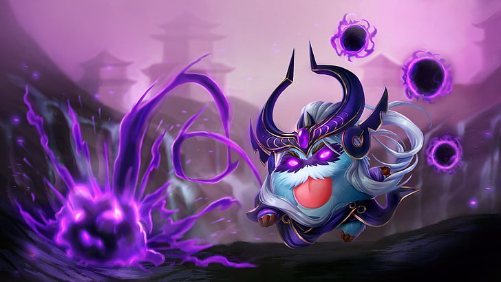 character wallpaper, League of Legends, Poro, Syndra, water, purple