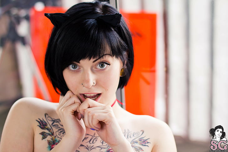 ceres suicide tattoo piercing women face brunette cat ears bare shoulders suicide girls, HD wallpaper