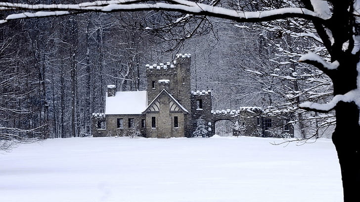 castle, snow, trees, Ohio, HD wallpaper