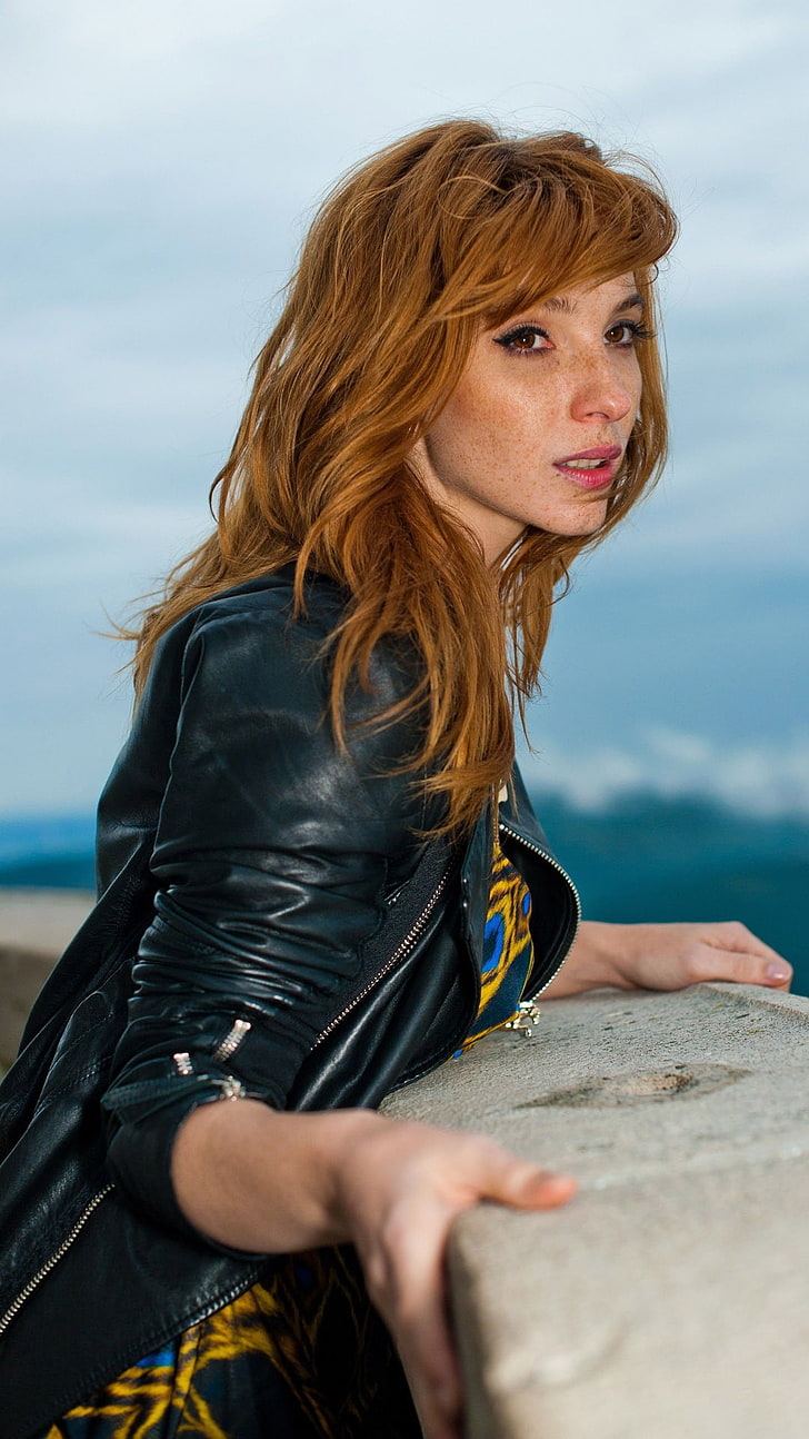 women's black leather jacket, actress, redhead, long hair, Vica Kerekes, HD wallpaper