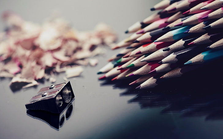 color pencil lot and sharpener, pile of color pencil, macro, pencils
