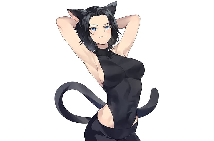 cat girl, black hair, blue eyes, blush, short hair, leotard, HD wallpaper