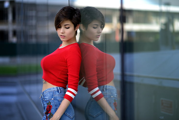 women's red and white long-sleeved crop-top, portrait, Giovanni Zacche, HD wallpaper