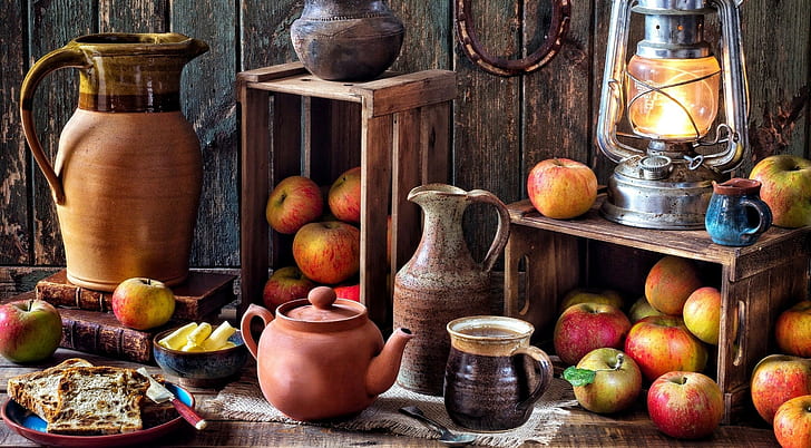 food, still life, apples, lantern, HD wallpaper